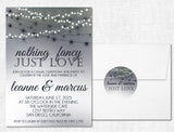 Black, white, and gray wedding invitation featuring illuminated string light artwork