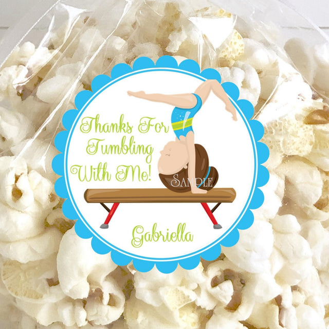 Blonde gymnast balance beam birthday sticker in blue and yellow leotard