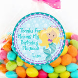 Blonde mermaid birthday sticker with teal tail and purple shells