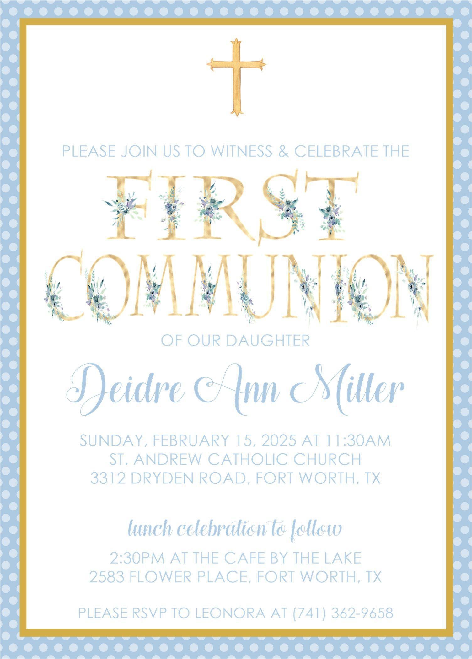 Blue And Gold First Communion Invitations