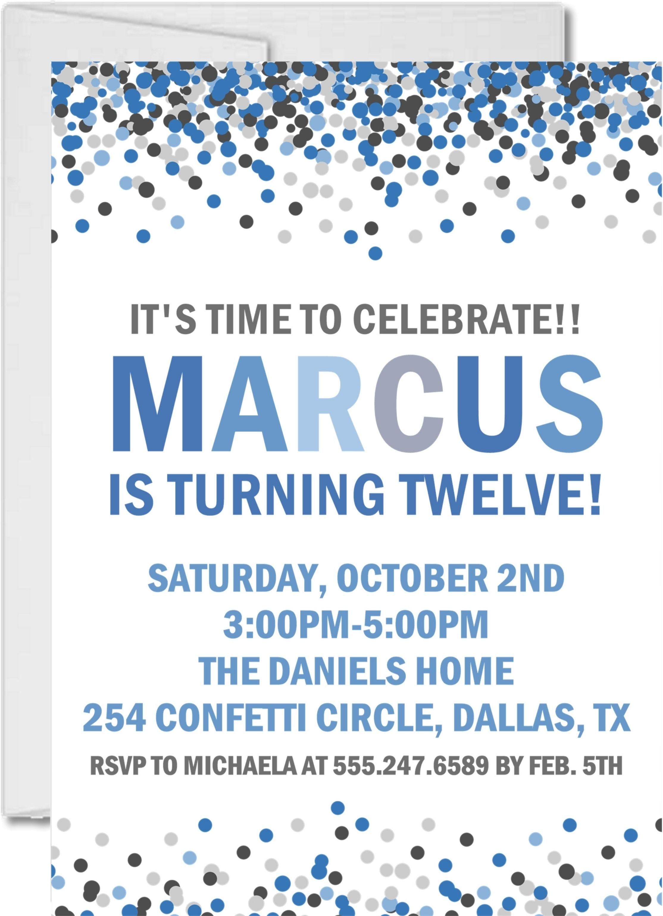 Blue And Grey Confetti Birthday Party Invitations
