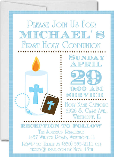 Blue And White First Communion Invitations