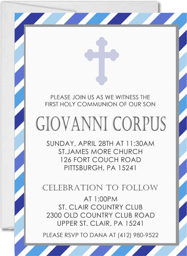 Blue And White Striped First Communion Invitations