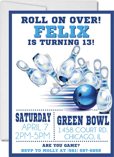 Blue Bowling Birthday Party Invitations