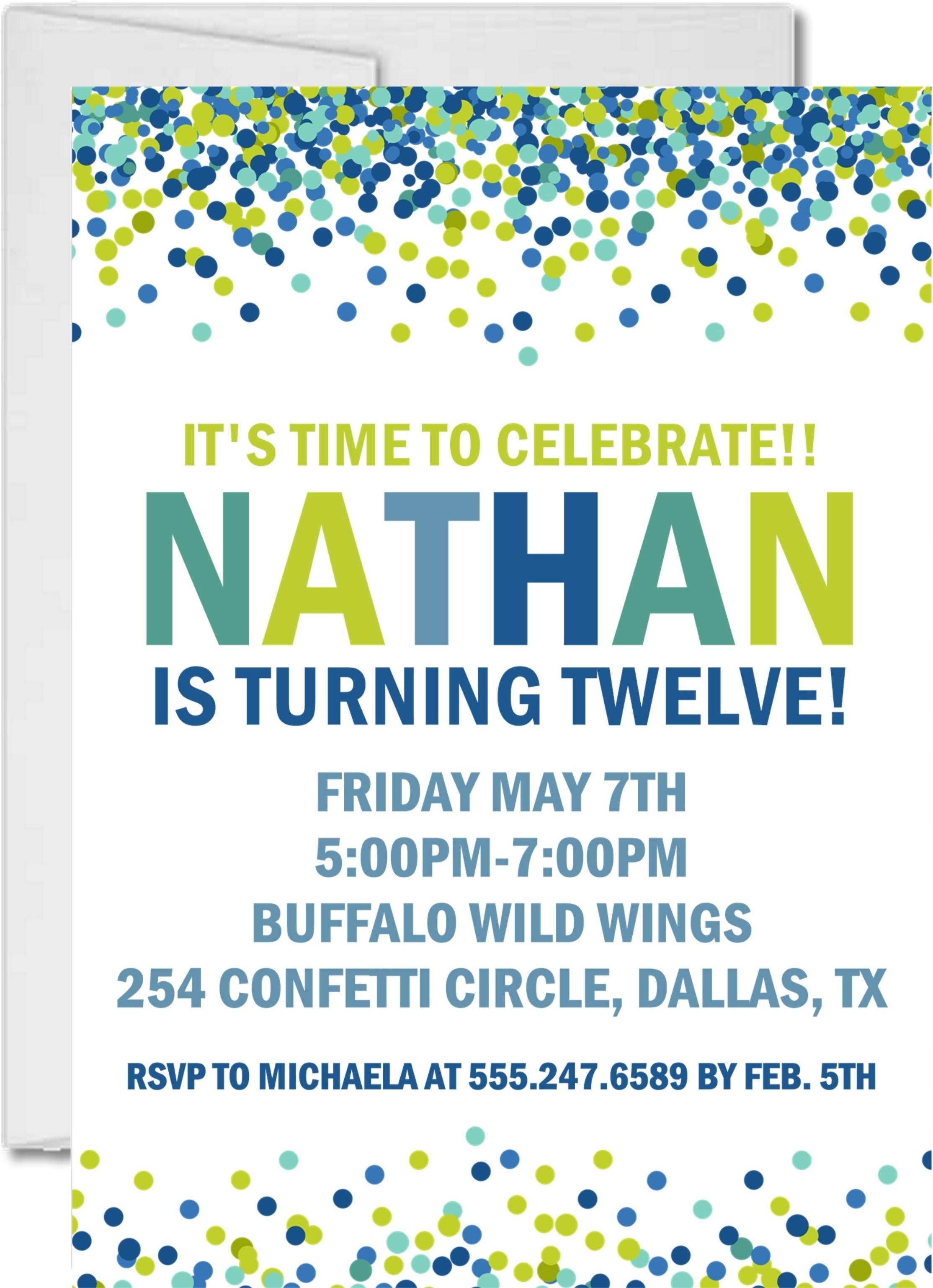 Blue, Green And Yellow Confetti Birthday Party Invitations