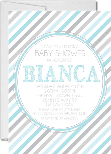 Blue & Grey Striped Baby Shower Invitations