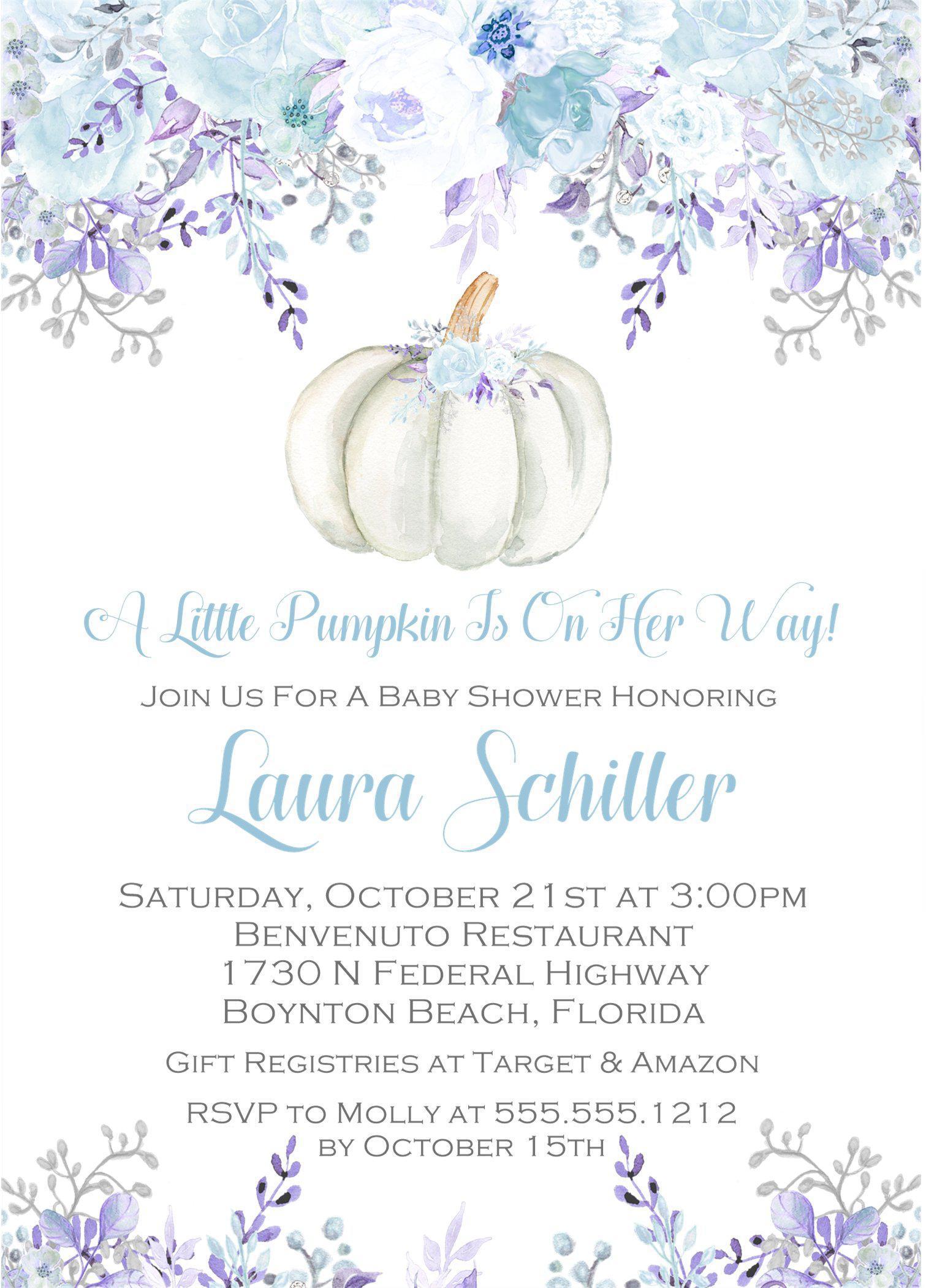 Blue & Lavender Fall Pumpkin Baby Shower Invitations