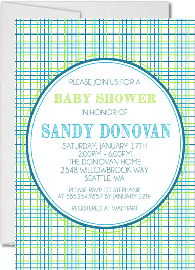Blue & Lime Plaid Baby Shower Invitations