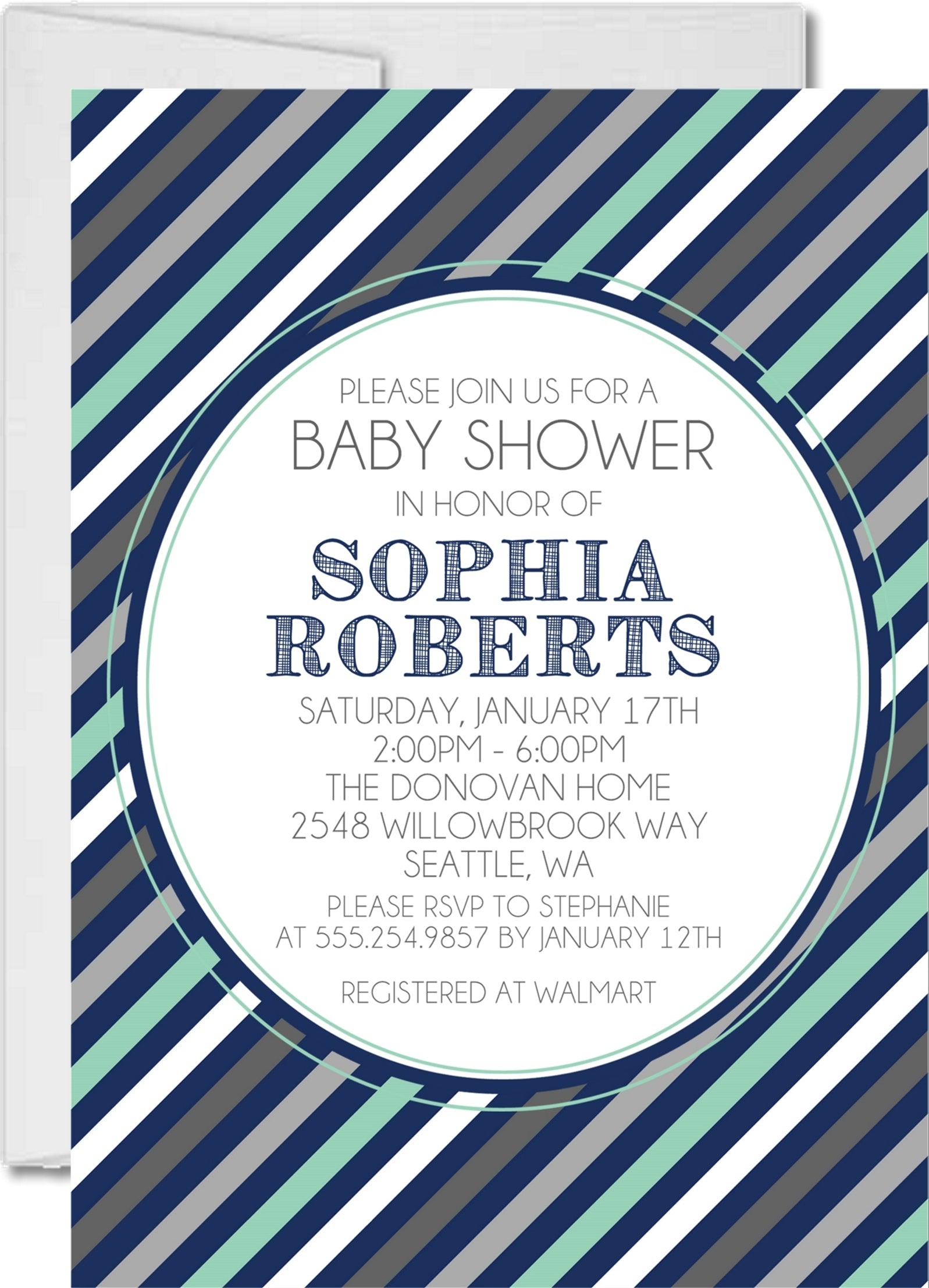 Blue & Mint Striped Baby Shower Invitations