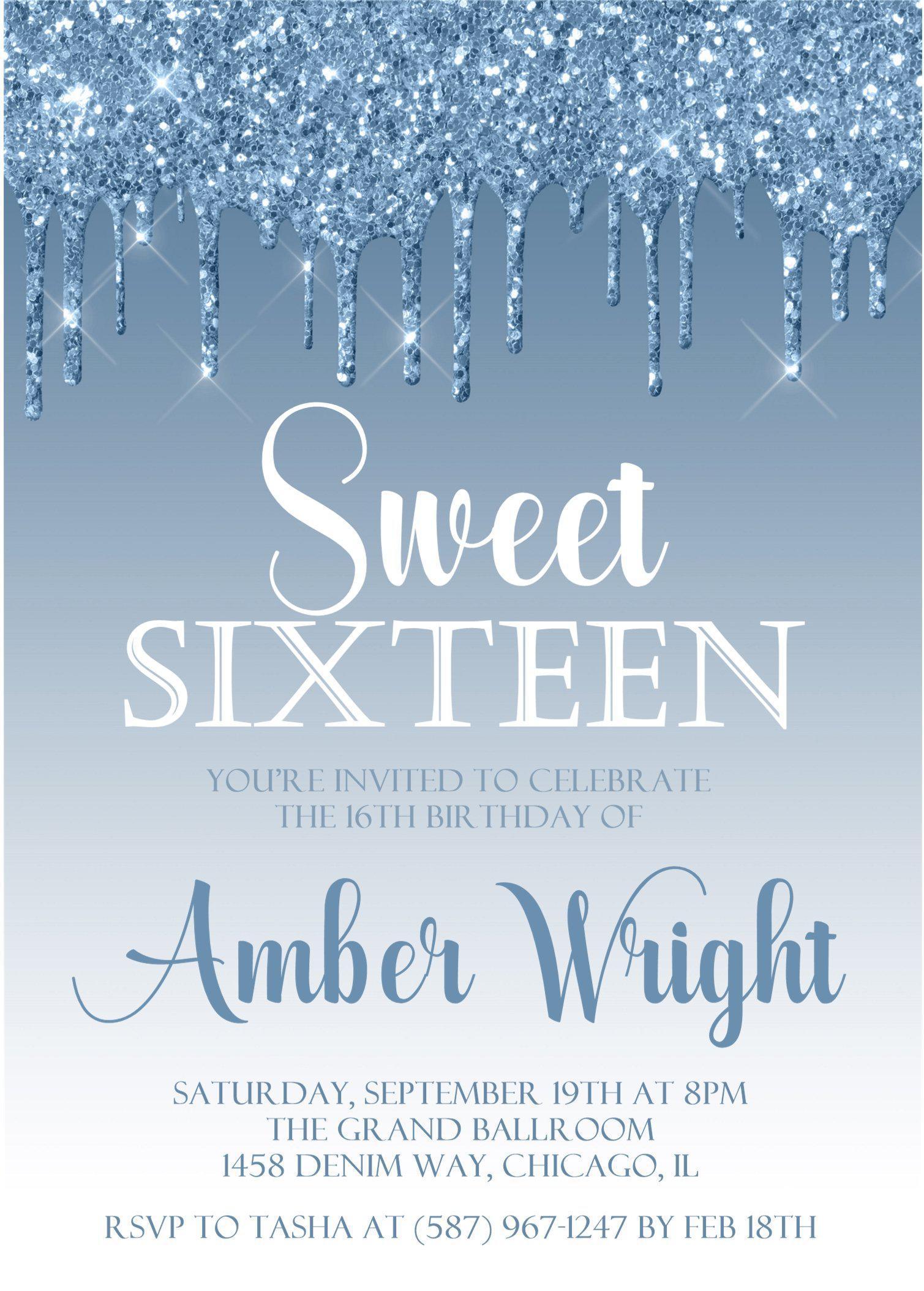 Blue Ombre Sweet 16 Party Invitations