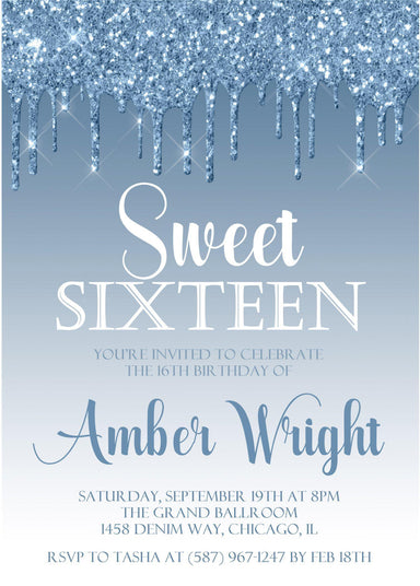 Blue Ombre Sweet 16 Party Invitations
