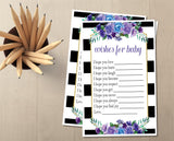Blue, Purple, Black & White Floral Baby Shower Wish Cards