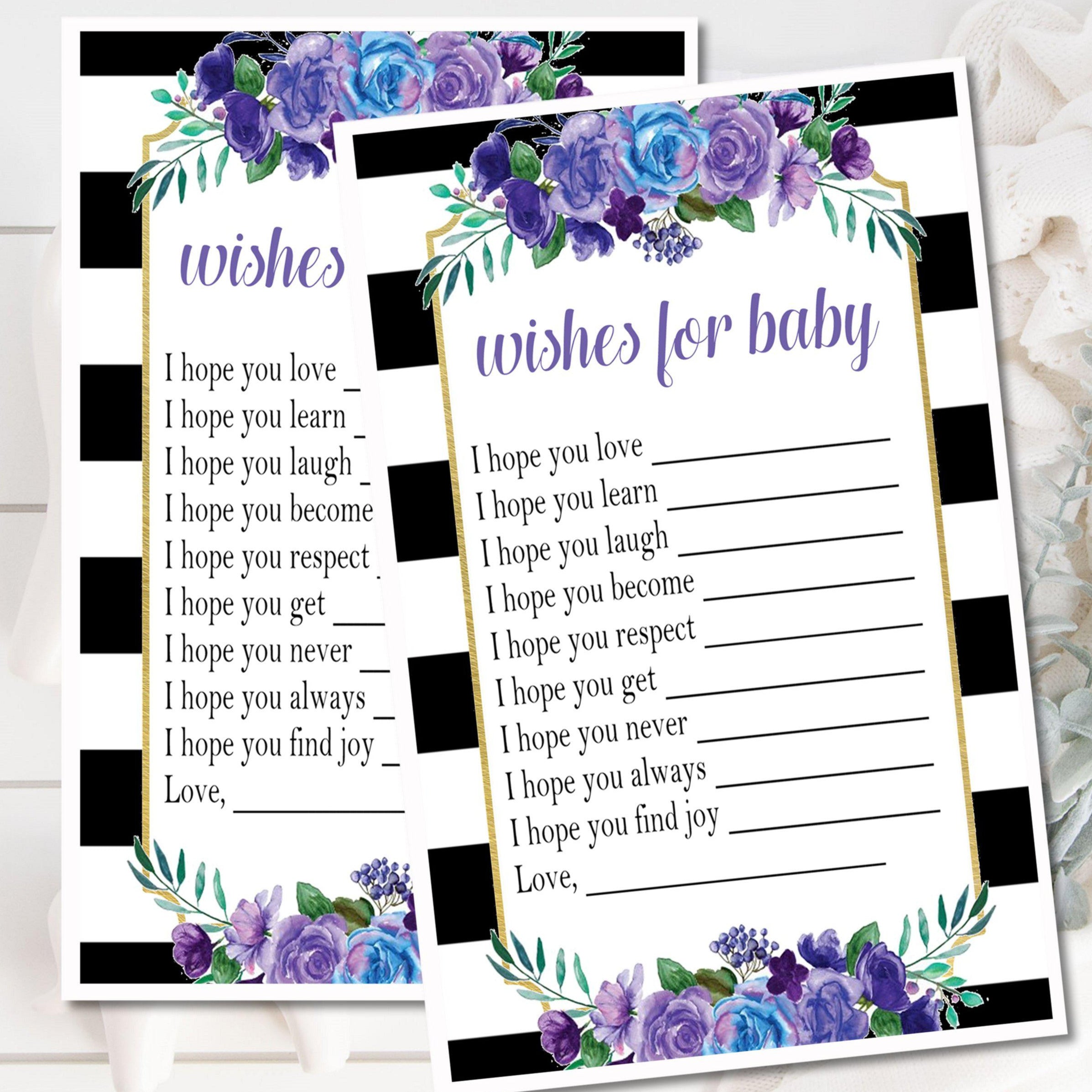 Blue, Purple, Black & White Floral Baby Shower Wish Cards