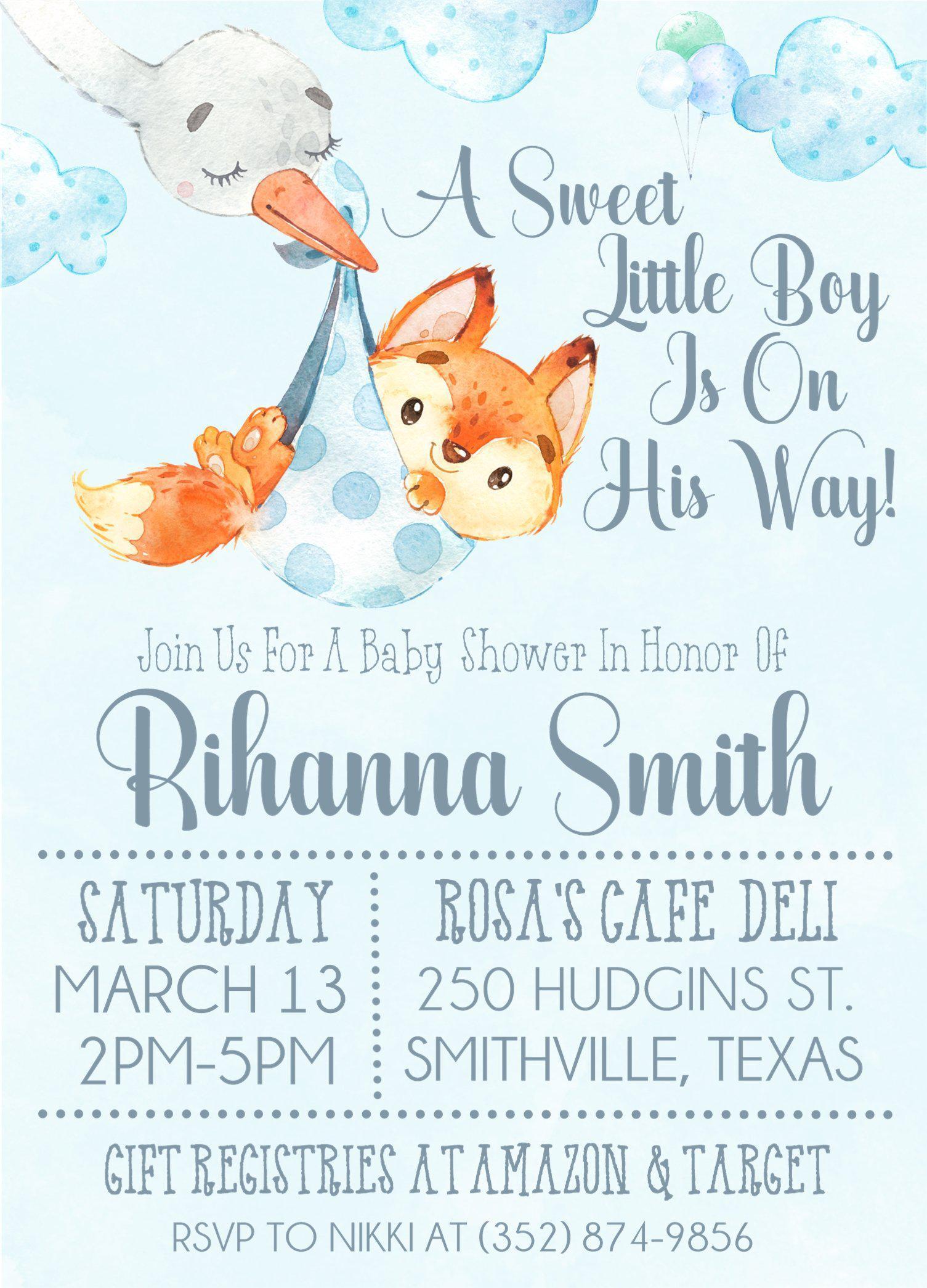 Blue Woodland Fox Baby Shower Invitations