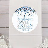 Blue Confetti Sweet 16 personalized birthday sticker