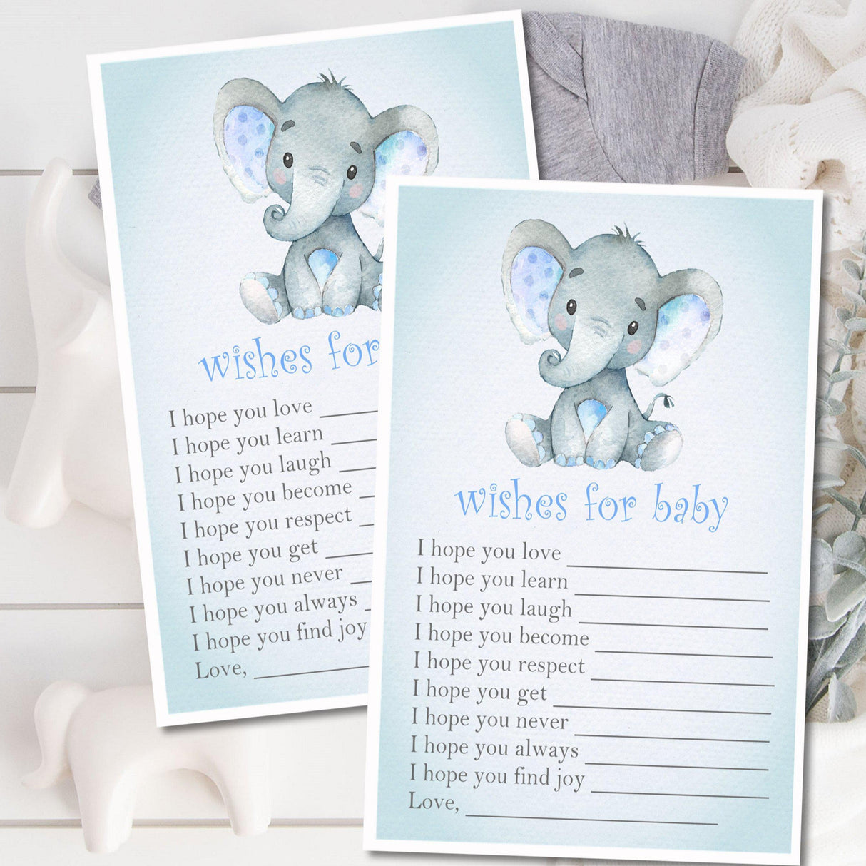 Blue Elephant Baby Shower Wish Cards Printable PDF Download