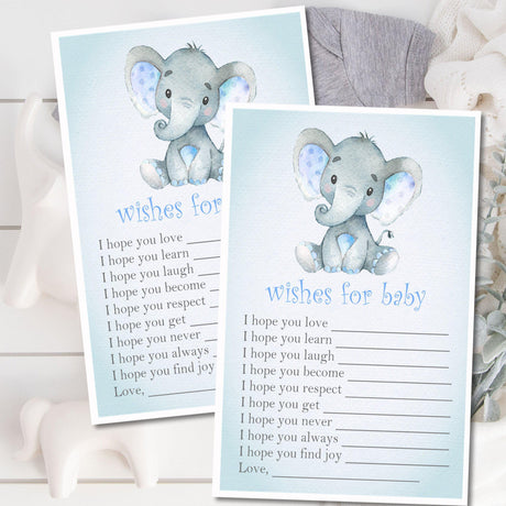 Blue Elephant Baby Shower Wish Cards Printable PDF Download
