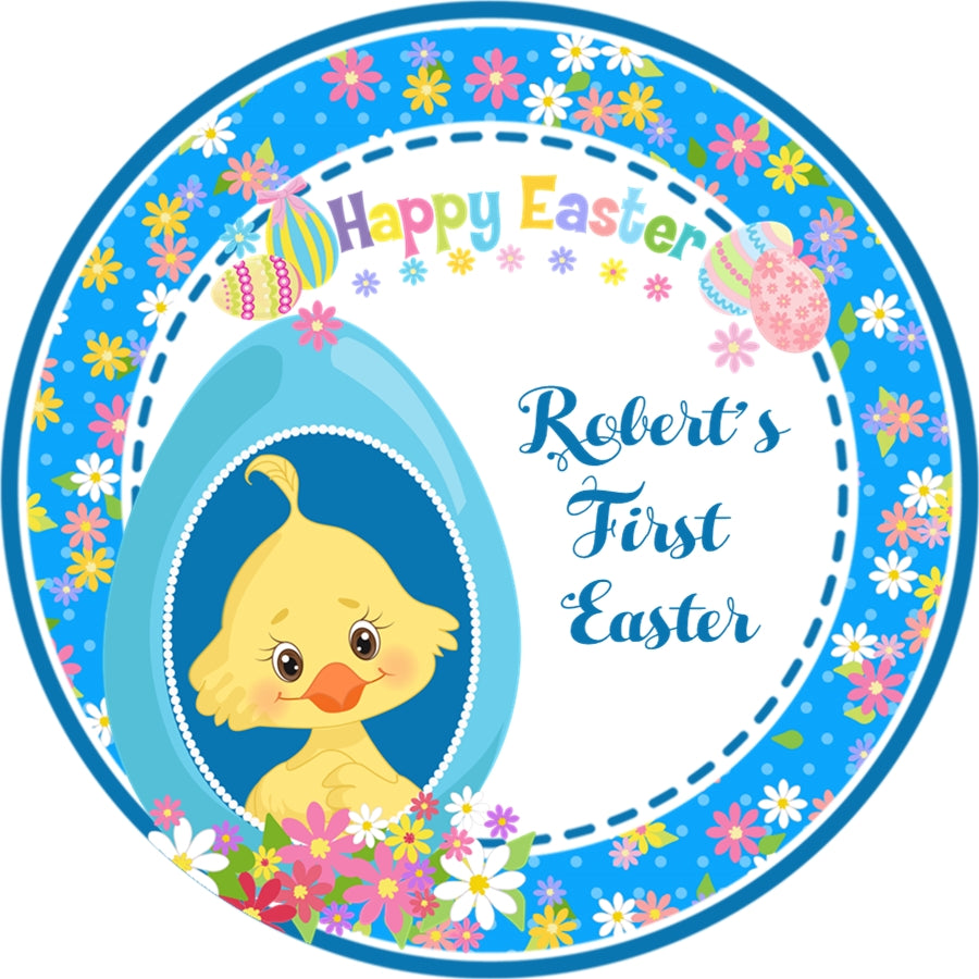 Blue Happy Easter stickers with flowers