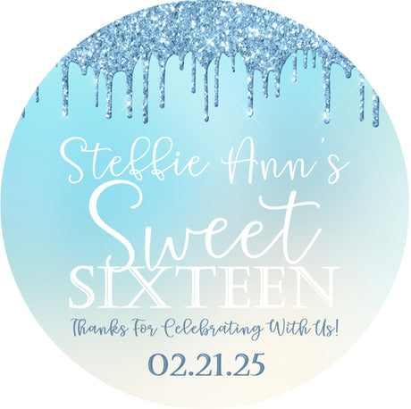 Blue Sweet 16 sticker glitter drip and ombre designs
