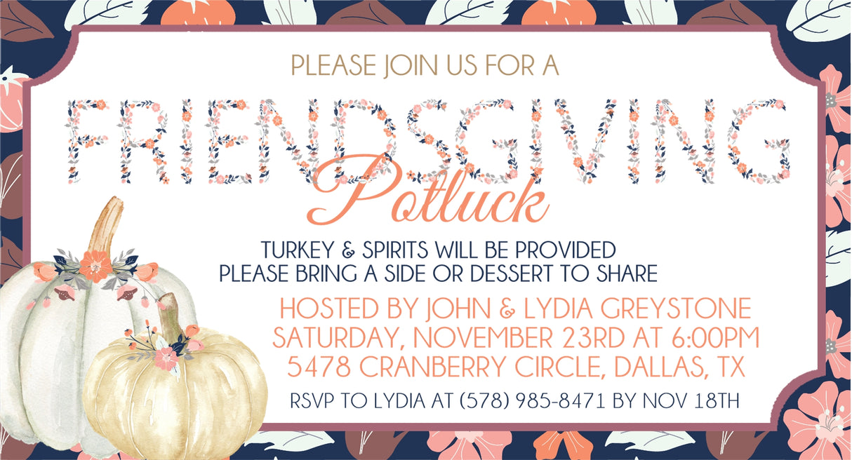 Blue and coral floral Friendsgiving potluck invitation with pumpkin illustration