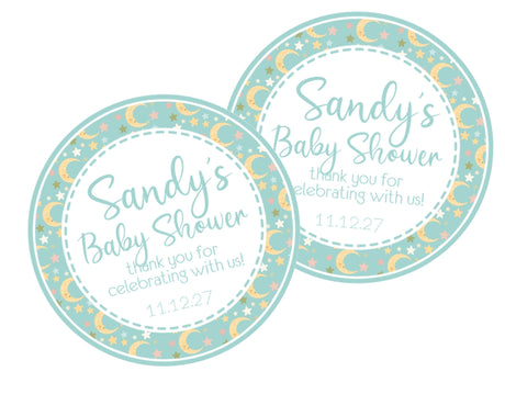 Blue and gold Moon & Stars baby shower stickers with celestial border.