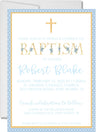 Blue and gold baptism invitation with floral cross design