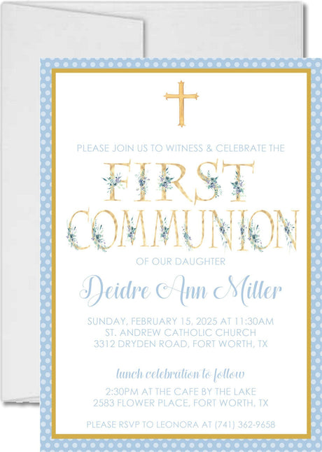 Blue and gold first holy communion invitation with floral cross