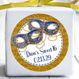 Blue and gold masquerade Sweet 16 sticker with printed glitter border