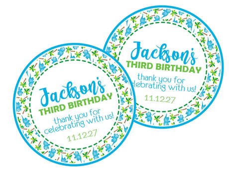 Blue and green baby dinosaur birthday sticker with personalized text