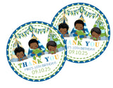 Blue and green campout slumber party favor label design