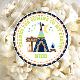 Blue and green teepee camping birthday sticker with stars and moon