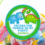 Blue and green toddler dinosaur birthday sticker with personalized name