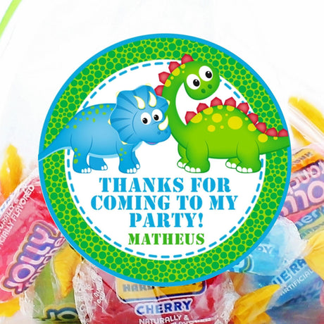 Blue and green toddler dinosaur birthday sticker with personalized name