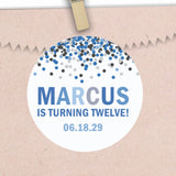 Blue and grey confetti birthday party sticker