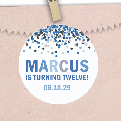 Blue and grey confetti birthday party sticker