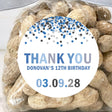 Blue and grey confetti birthday sticker with thank you text