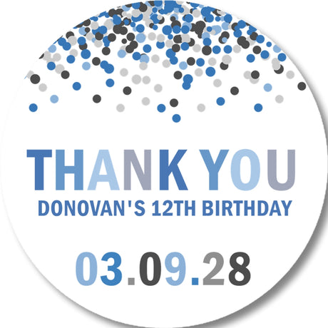 Blue and grey confetti party favor sticker with modern birthday design