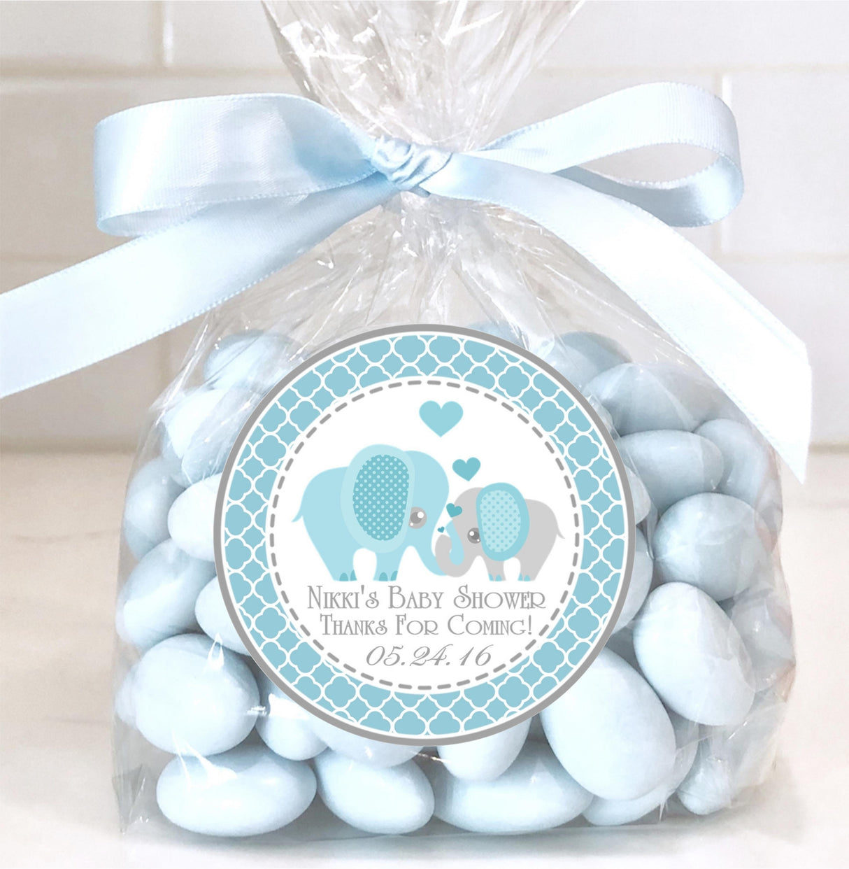 Blue and grey elephant baby shower labels – personalized stickers