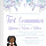 Blue and lavender floral First Communion invitation with optional girl character illustration