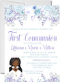 Blue and lavender floral First Communion invitation with optional girl character illustration