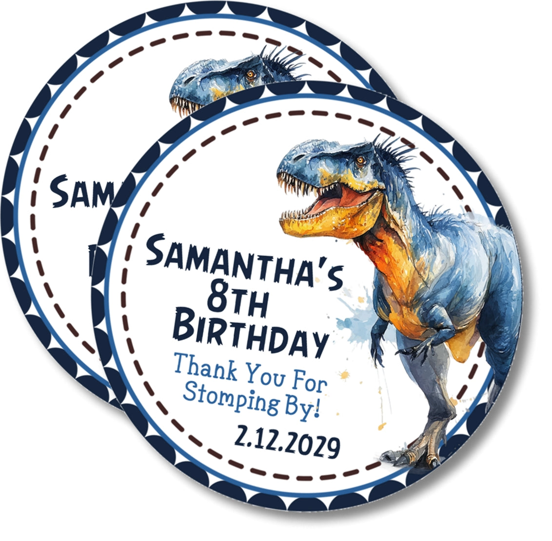 Blue and orange dinosaur party label for kids