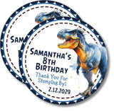 Blue and orange dinosaur party label for kids