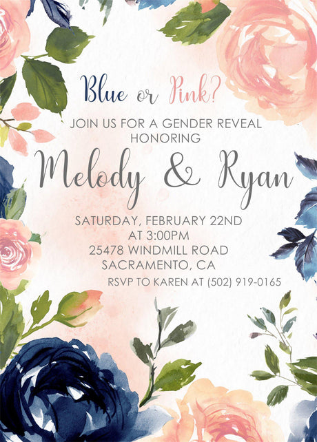 Blue and pink floral gender reveal invitation with watercolor flowers