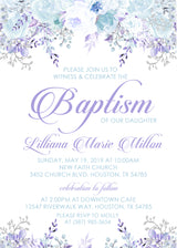 Blue and purple floral baptism invitation with watercolor flowers and elegant script