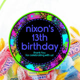 Blue and purple paintball birthday sticker with custom name