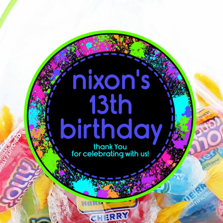 Blue and purple paintball birthday sticker with custom name