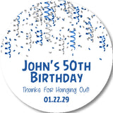 Blue and silver confetti birthday sticker with custom name age and date
