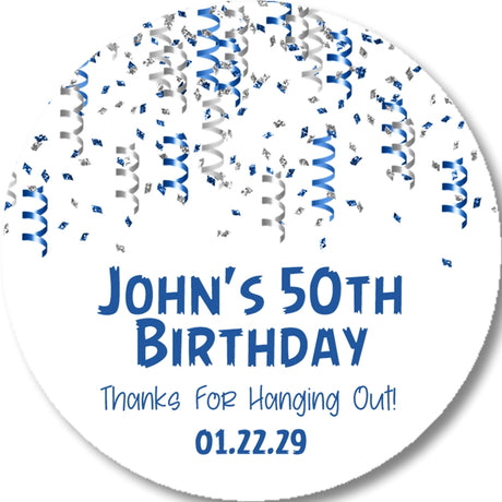 Blue and silver confetti birthday sticker with custom name age and date