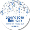 Blue and silver confetti birthday sticker with custom name age and date