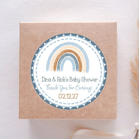 Blue and tan boho rainbow baby shower sticker